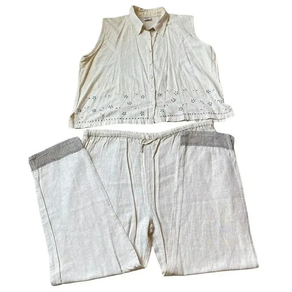 Magic Linen Blend Beige Shirt & Pull On Pants Matching Set Women Plus 3X/20W - Picture 1 of 8